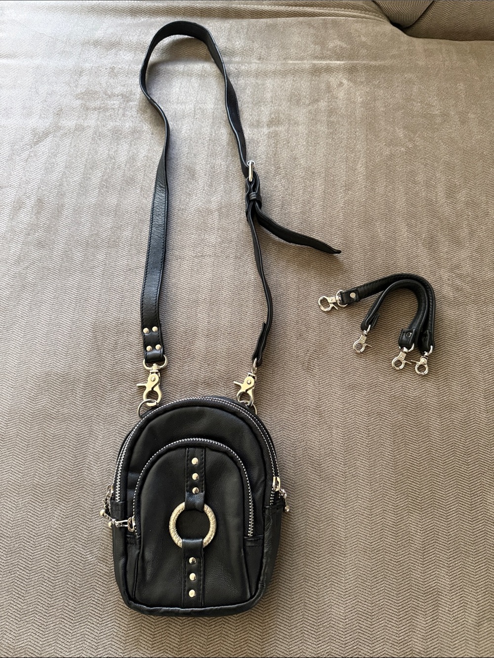 Black Leather Crossbody Bag with Ring Accent - NEW!